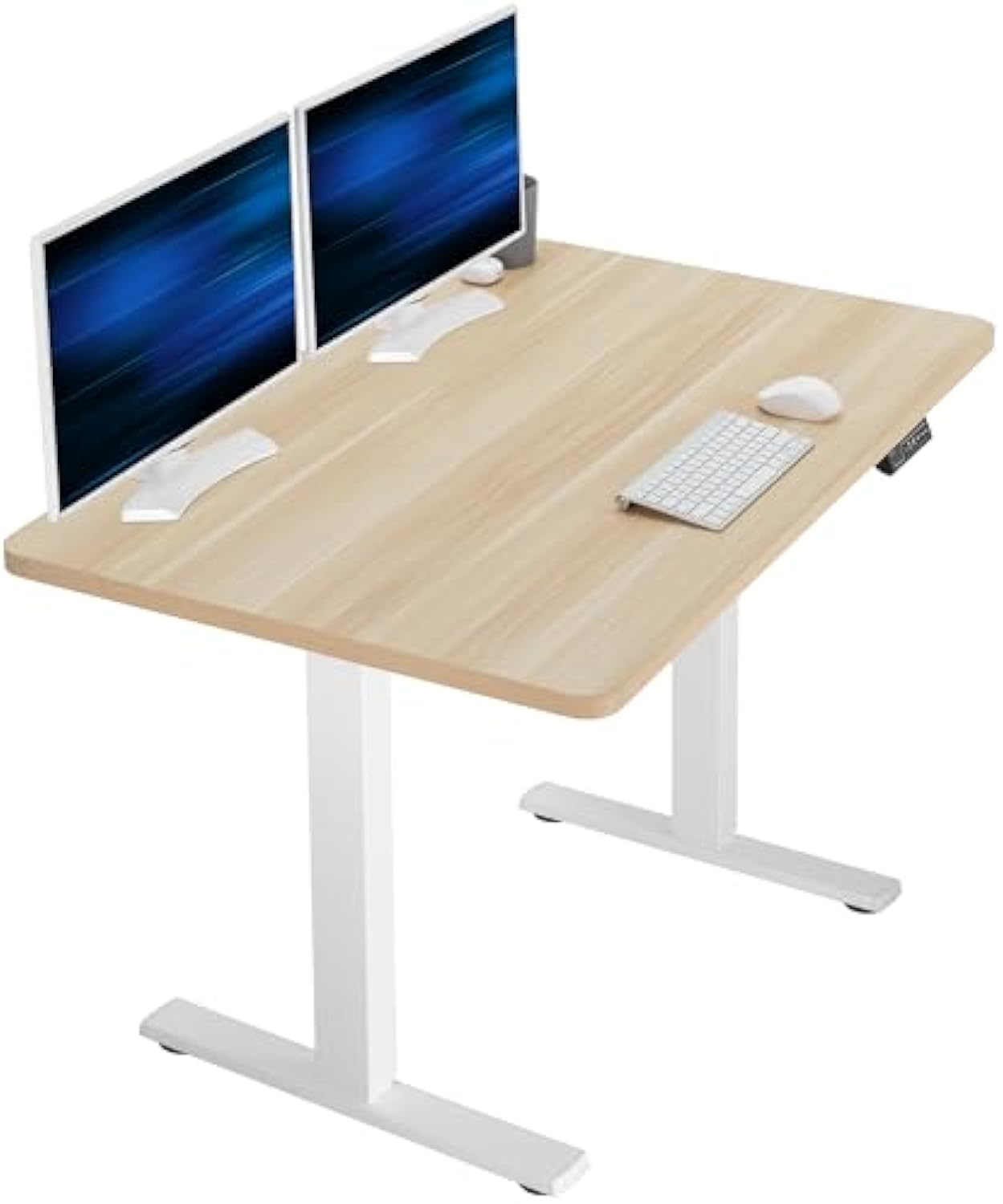 Electric Standing Desk 48” x 30” with Memory Height Adjustment – Light Wood Top & White Frame