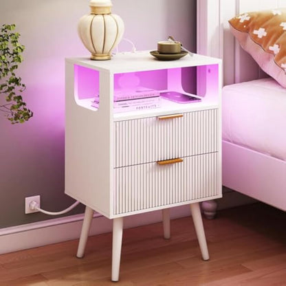White Nightstand with LED Lights & Charging Station – 2 Drawers + Open Shelf