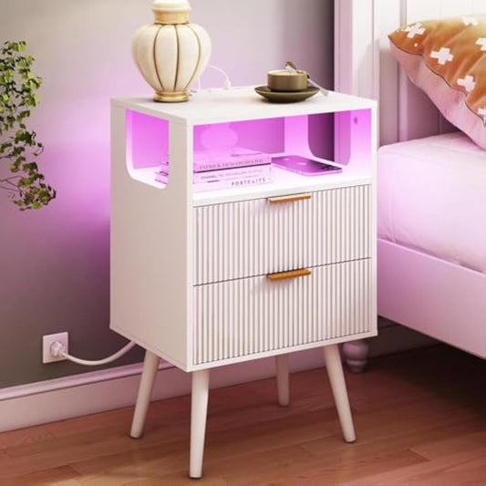 White Nightstand with LED Lights & Charging Station – 2 Drawers + Open Shelf