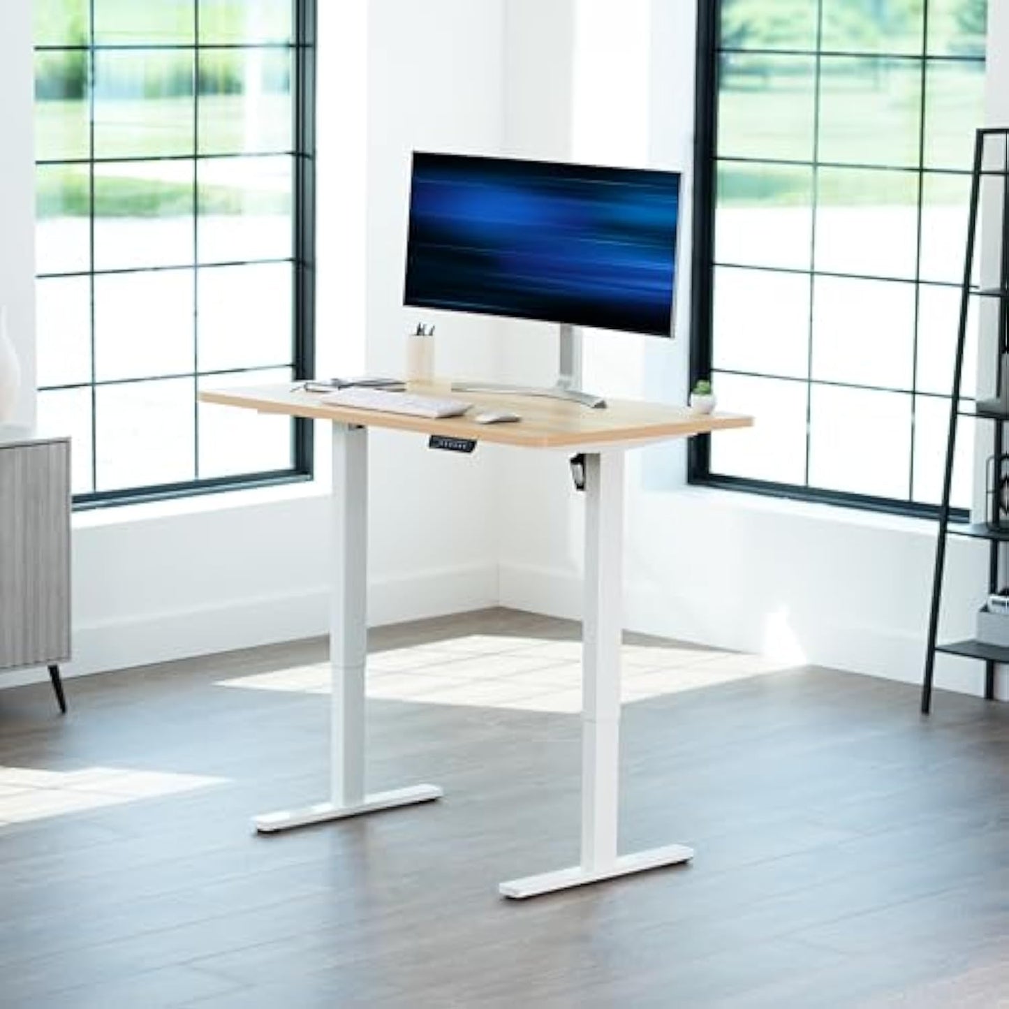 Electric Standing Desk 48” x 30” with Memory Height Adjustment – Light Wood Top & White Frame