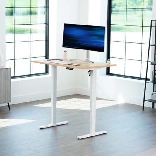 Electric Standing Desk 48” x 30” with Memory Height Adjustment – Light Wood Top & White Frame