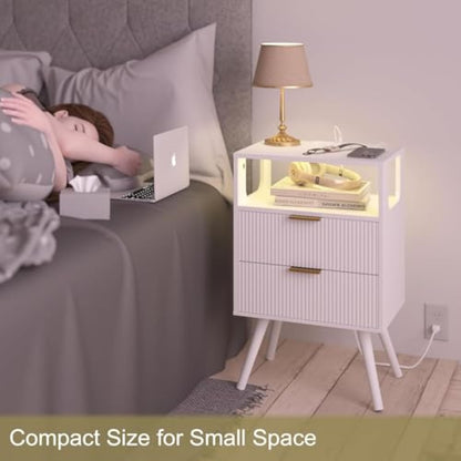 White Nightstand with LED Lights & Charging Station – 2 Drawers + Open Shelf