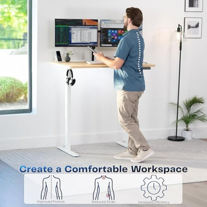 Electric Standing Desk 48” x 30” with Memory Height Adjustment – Light Wood Top & White Frame