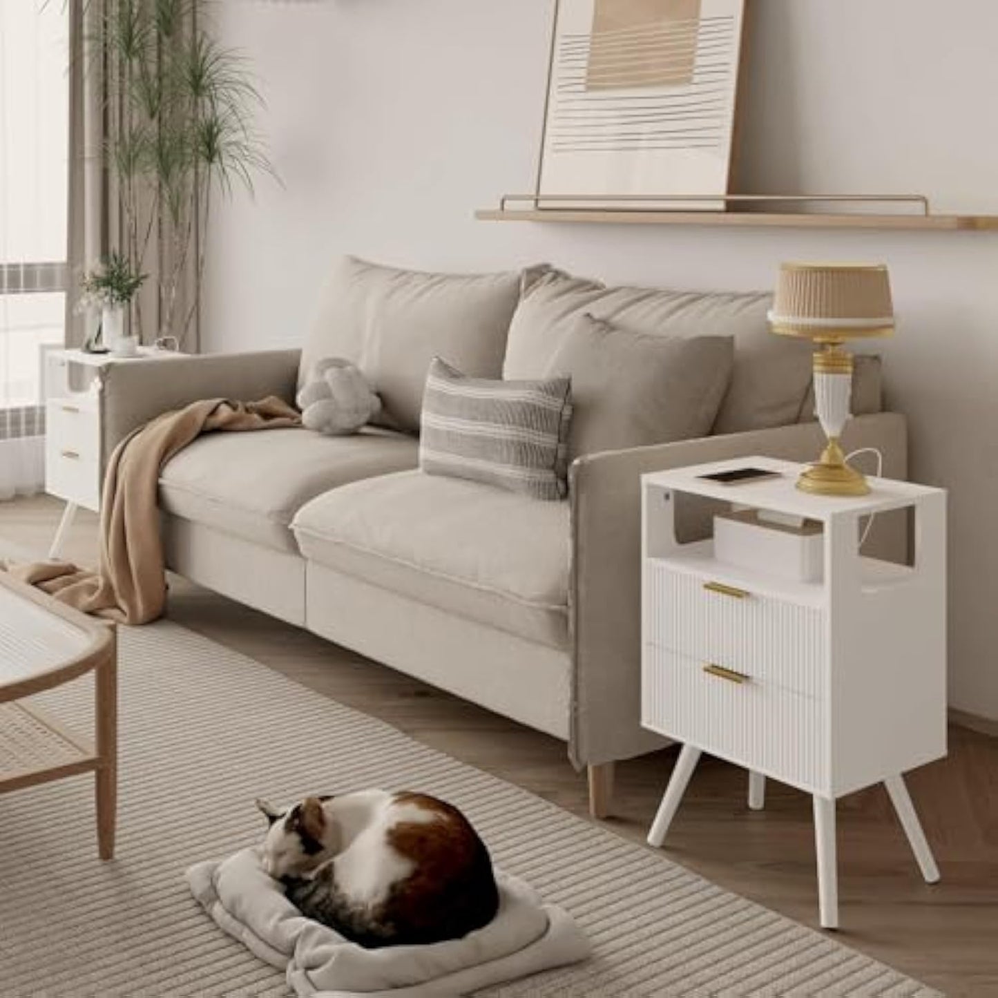 White Nightstand with LED Lights & Charging Station – 2 Drawers + Open Shelf