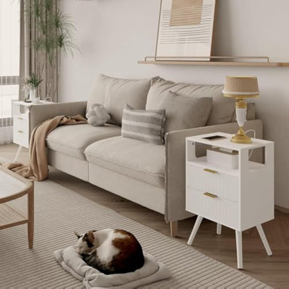 White Nightstand with LED Lights & Charging Station – 2 Drawers + Open Shelf