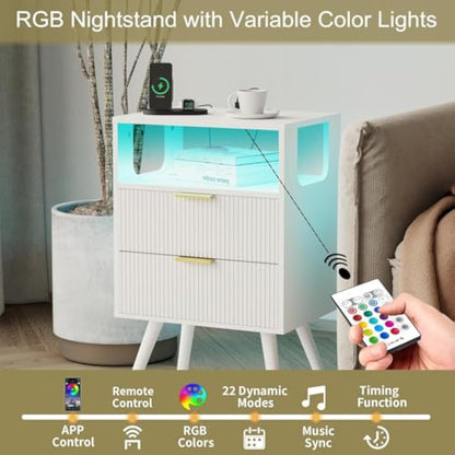 White Nightstand with LED Lights & Charging Station – 2 Drawers + Open Shelf