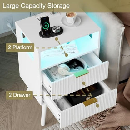 White Nightstand with LED Lights & Charging Station – 2 Drawers + Open Shelf