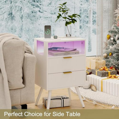 White Nightstand with LED Lights & Charging Station – 2 Drawers + Open Shelf